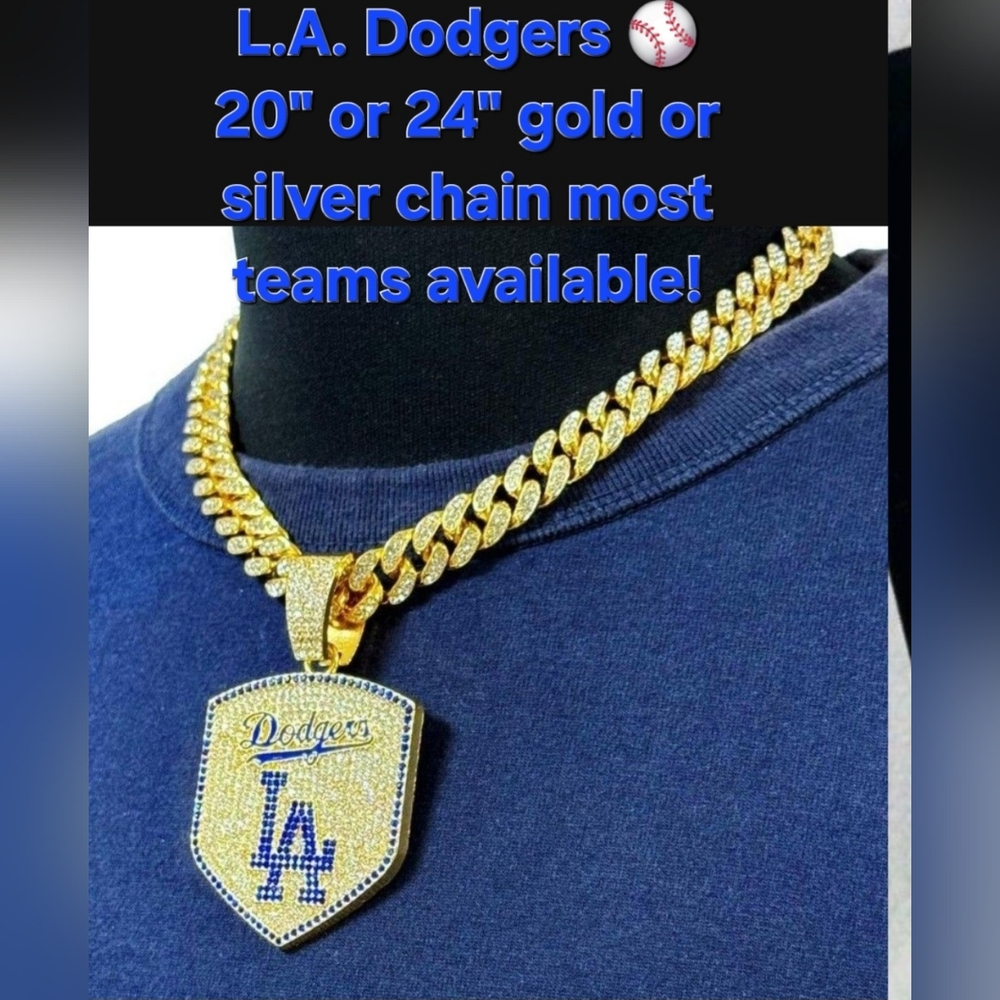 LA Dodgers Baseball Team iced cuban chain necklace 20" Or 24" Gold Or Silver
